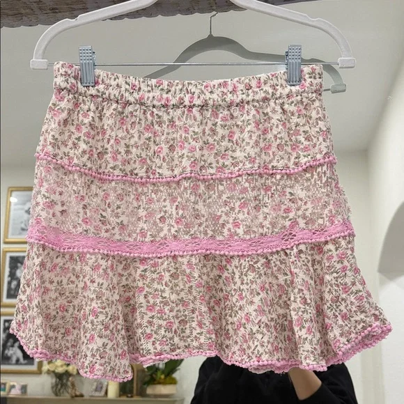 LoveShackFancy Floral Pink and Cream Mini Skirt - Picture 1 of 2